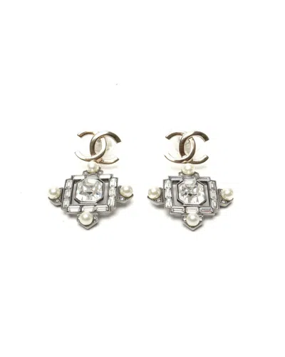 Pre-owned Chanel Coco Mark Rhinestone Dangling Earrings In Multi