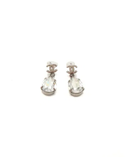 Chanel Coco Mark Rhinestone Drop Earrings In Silver