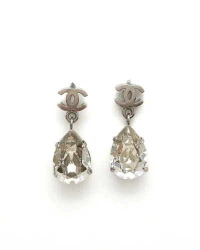 Chanel Coco Mark Rhinestone Drop Earrings In Silver