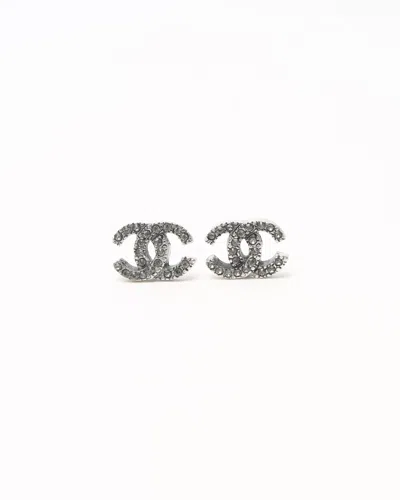 Pre-owned Chanel Coco Mark Rhinestone Earrings In Silver