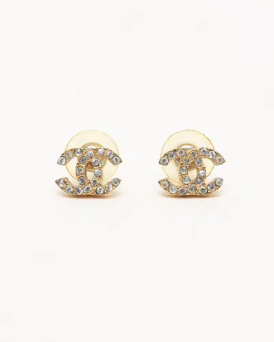 Pre-owned Chanel Coco Mark Rhinestone Earrings In Gold