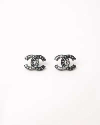 Pre-owned Chanel Coco Mark Rhinestone Earrings In Black
