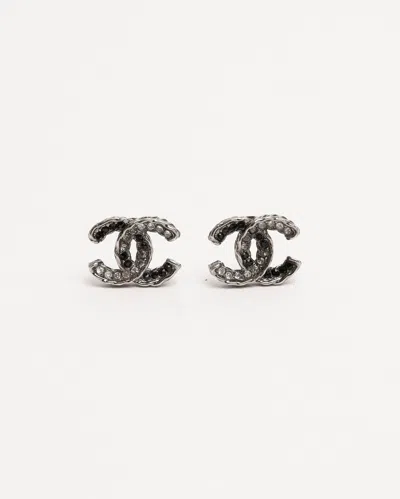 Pre-owned Chanel Coco Mark Rhinestone Earrings In Silver