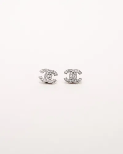 Pre-owned Chanel Coco Mark Rhinestone Earrings In Silver