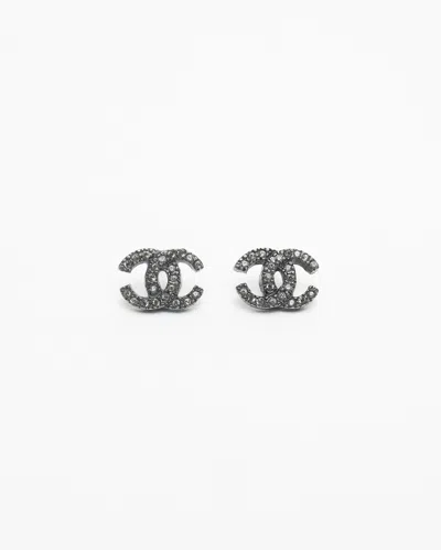 Pre-owned Chanel Coco Mark Rhinestone Earrings In Gray