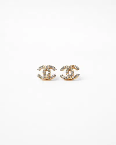 Pre-owned Chanel Coco Mark Rhinestone Earrings In Gold