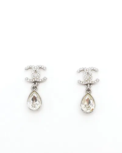 Pre-owned Chanel Coco Mark Rhinestone Earrings In Silver