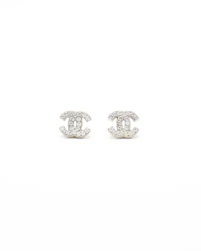 Pre-owned Chanel Coco Mark Rhinestone Earrings In Silver