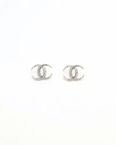 Pre-owned Chanel Coco Mark Rhinestone Earrings In Silver