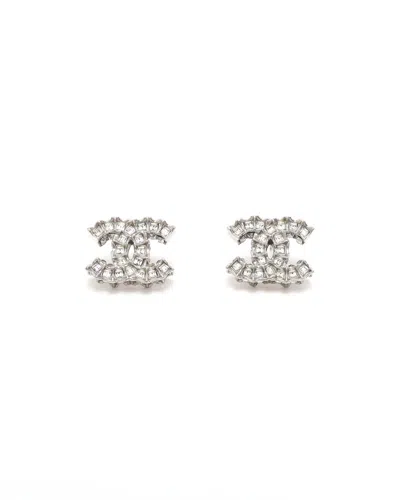 Pre-owned Chanel Coco Mark Rhinestone Earrings In Silver