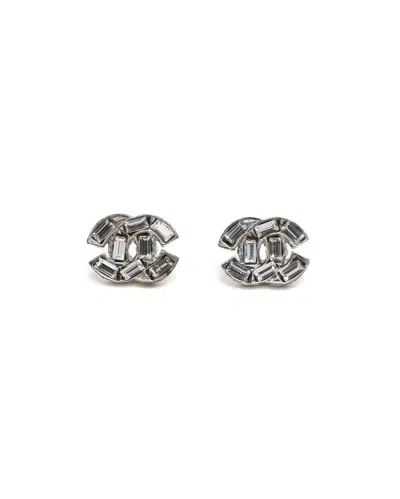 Pre-owned Chanel Coco Mark Rhinestone Earrings In Silver