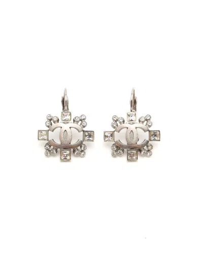 Chanel Coco Mark Rhinestone Earrings In Silver