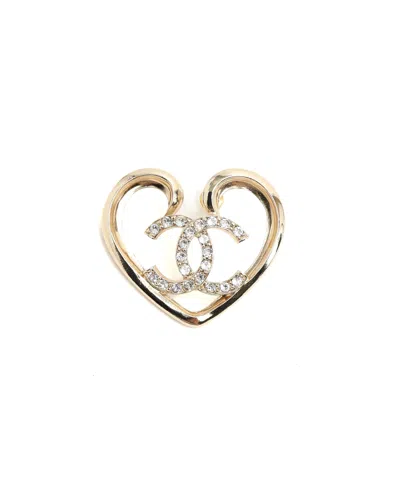 Pre-owned Chanel Coco Mark Rhinestone Heart Earrings In Gold