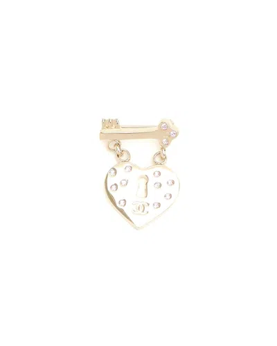 Pre-owned Chanel Coco Mark Rhinestone Heartlock Key Brooch In Gold