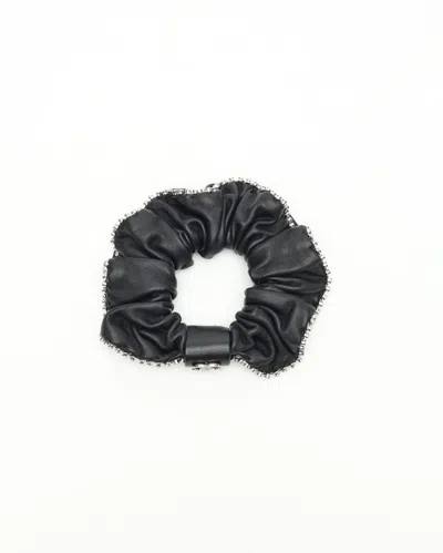 Pre-owned Chanel Coco Mark Rhinestone Leather Scrunchies In Black