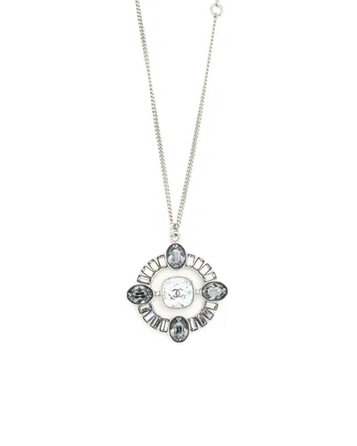 Pre-owned Chanel Coco Mark Rhinestone Long Necklace In Silver