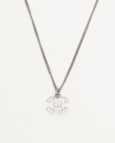 Pre-owned Chanel Coco Mark Rhinestone Necklace In Silver