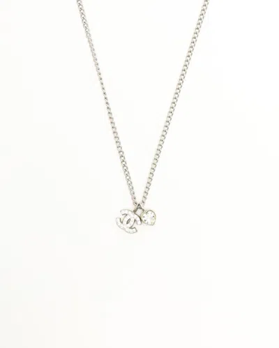 Pre-owned Chanel Coco Mark Rhinestone Necklace In Silver
