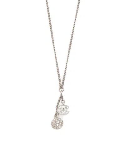 Pre-owned Chanel Coco Mark Rhinestone Necklace In Silver