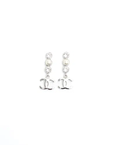 Pre-owned Chanel Coco Mark Rhinestone Pearl Dangling Earrings In Silver