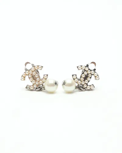 Pre-owned Chanel Coco Mark Rhinestone Pearl Earrings In Silver