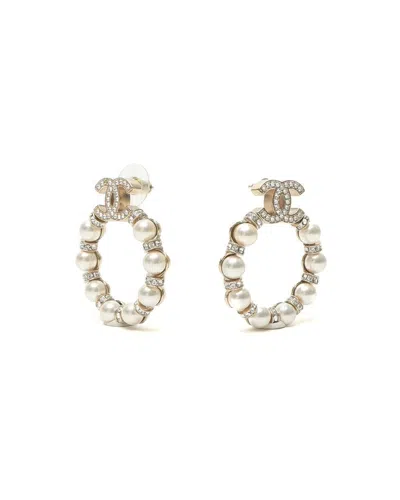 Chanel Coco Mark Rhinestone Pearl Earrings In White