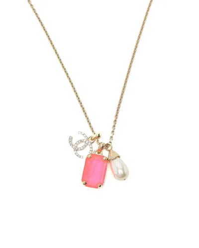 Chanel Coco Mark Rhinestone Pearl Long Necklace In Gold