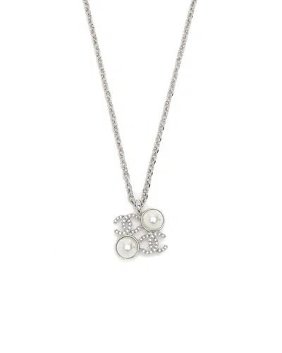 Pre-owned Chanel Coco Mark Rhinestone Pearl Necklace In Silver