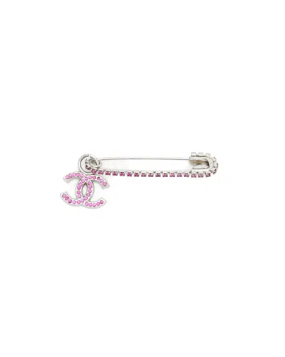 Pre-owned Chanel Coco Mark Rhinestone Pin Brooch In Silver