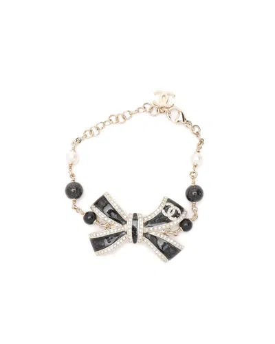 Pre-owned Chanel Coco Mark Rhinestone Ribbon Bracelet In Multi