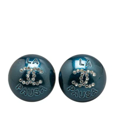 Pre-owned Chanel Coco Mark Round Earrings Navy Gold