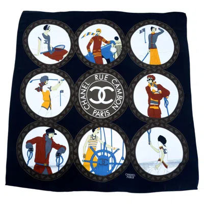 Pre-owned Chanel "coco Mark Rue Cambon" Silk Scarf With Black Ground, "coco Sports" Theme