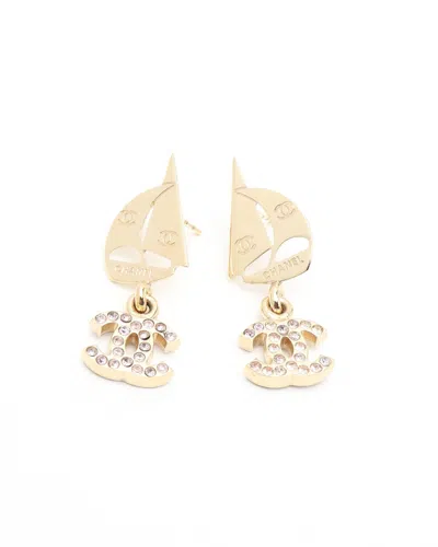 Pre-owned Chanel Coco Mark Sailboat Rhinestone Earrings In Gold