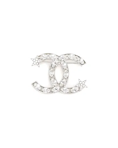 Pre-owned Chanel Coco Mark Star Rhinestone Brooch In Silver