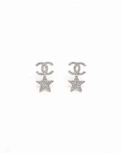 Pre-owned Chanel Coco Mark Star Rhinestone Earrings In Silver