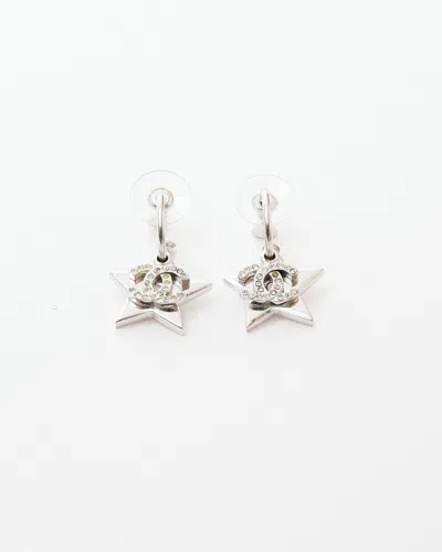Pre-owned Chanel Coco Mark Star Stone Rhinestone Earrings In Silver