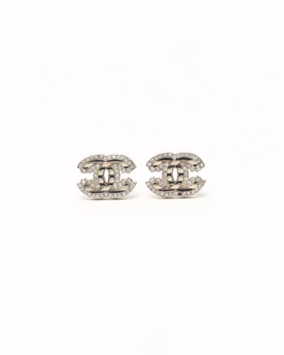 Pre-owned Chanel Coco Mark Stripe Rhinestone Earrings In Silver