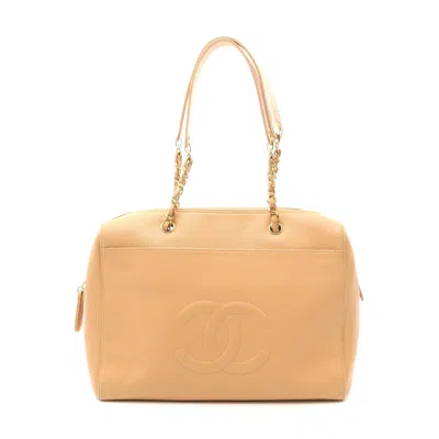 Pre-owned Chanel Coco Mark Tote Bag Beige Leather In Sand