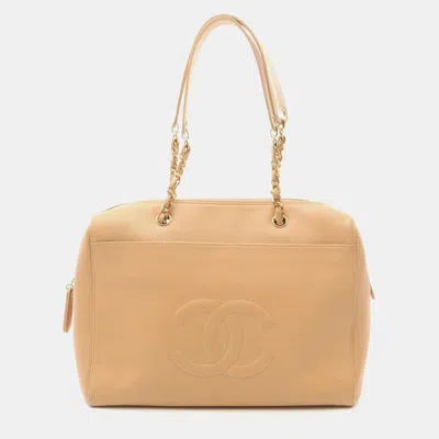 Pre-owned Chanel Coco Mark Tote Bag Calfskin (cowhide) Beige In Sand