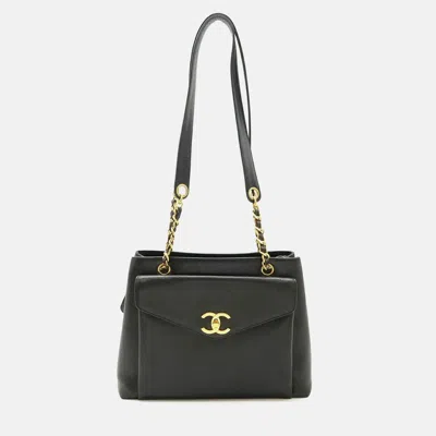 Pre-owned Chanel Coco Mark Tote Bag Chain Shoulder Caviar Skin Leather Black