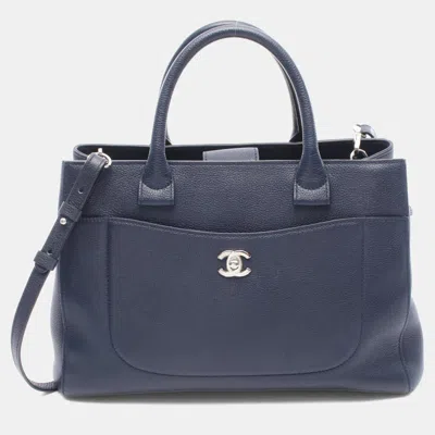 Pre-owned Chanel Coco Mark Tote Bag Leather Navy In Blue