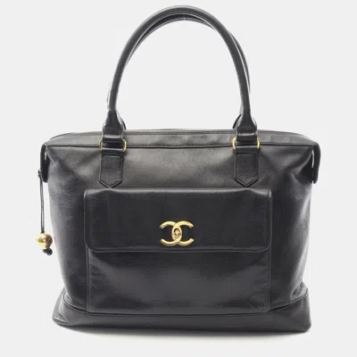 Pre-owned Chanel Coco Mark Tote Hand Bag Leather Grained Calfskin Black Ghw Cc
