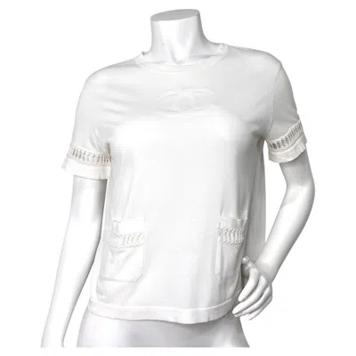 Pre-owned Chanel Coco Mark White Cotton Embroidered T-shirt With Crochet Detailing