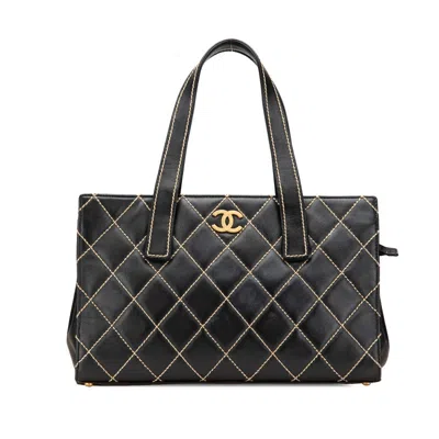 Pre-owned Chanel Coco Mark Wild Stitch Lambskin Tote Bag In Black
