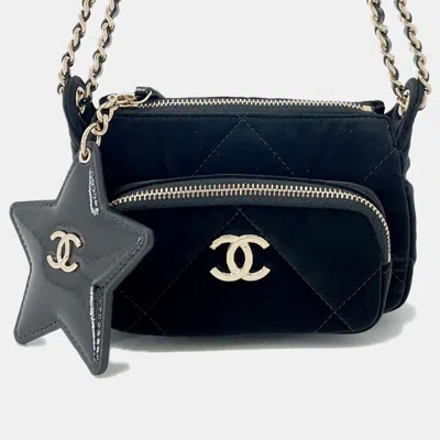 Pre-owned Chanel Coco Neige Chain Clutch Black Velvet Effect Nylon Shiny Crumple Calf Leather