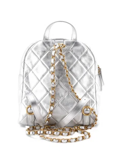 Pre-owned Chanel Coco Neige Pocket Quilted Metallic Lambskin Backpack In Silver