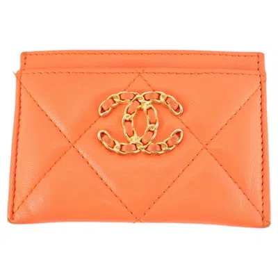 Pre-owned Chanel Coco Orange Lambskin 19 Quilted Cc Card Holder Wallet