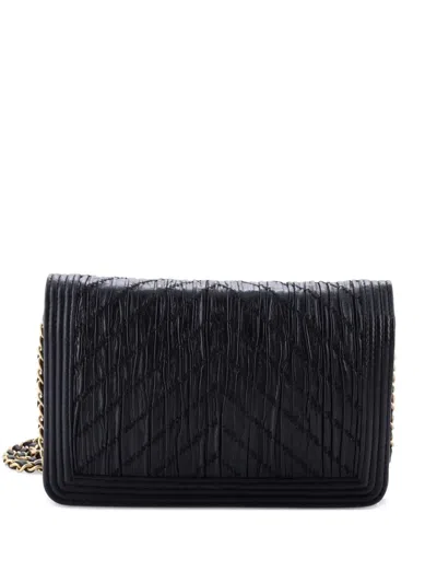 Pre-owned Chanel Coco Pleats Boy Wallet On Chain Pleated Crumpled Calfskin Clutch Bag In Black