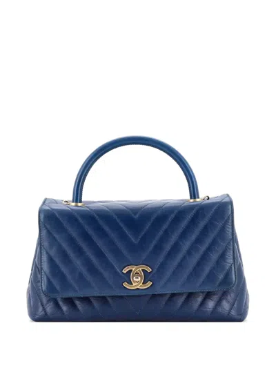 Pre-owned Chanel Coco Top Handle Bag Chevron Calfskin Small Satchel In Blue