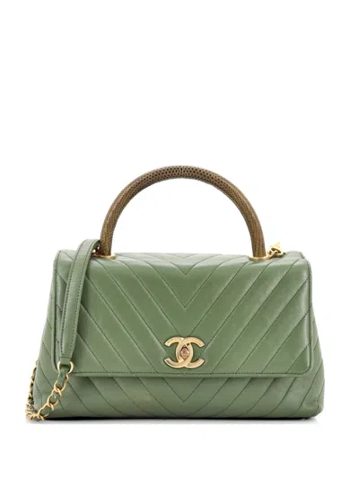 Pre-owned Chanel Coco Top Handle Bag Chevron Calfskin With Lizard Small Satchel In Green